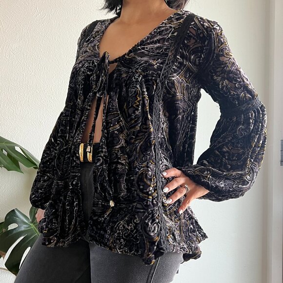 Women’s POL Black velvet oversized open tie front Top size small boho hippie - Picture 11 of 13